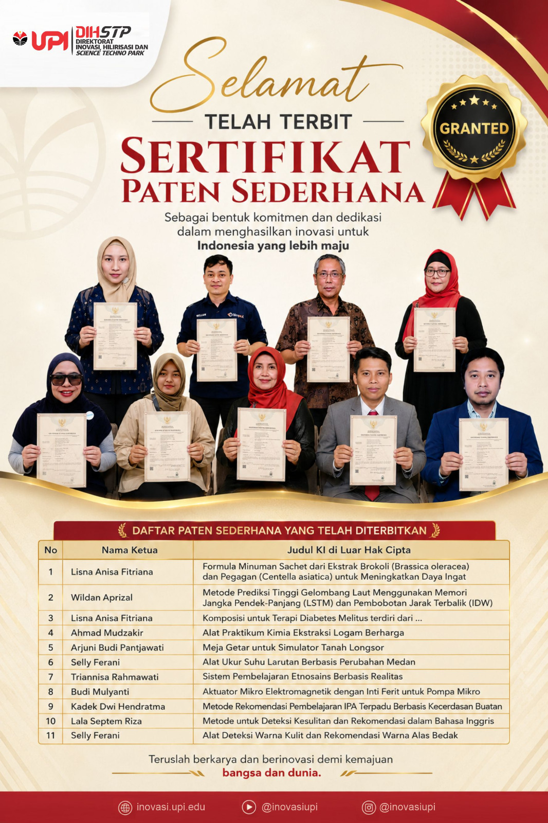 UPI Kembali Raih 11 Sertifikat Paten Sederhana, Perkuat Hilirisasi Inovasi dan Daya Saing Bangsa